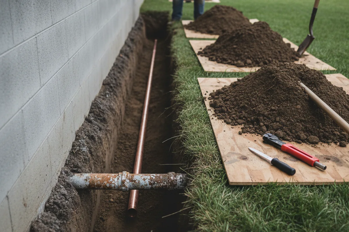 Excavated water line trench during Sewer Line Repair in Toano